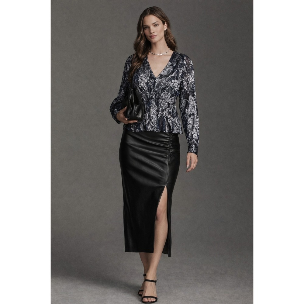 ANTHROPOLOGIE New Women's Top Shirt XS Metallic Smocked Floral Midnight Navy